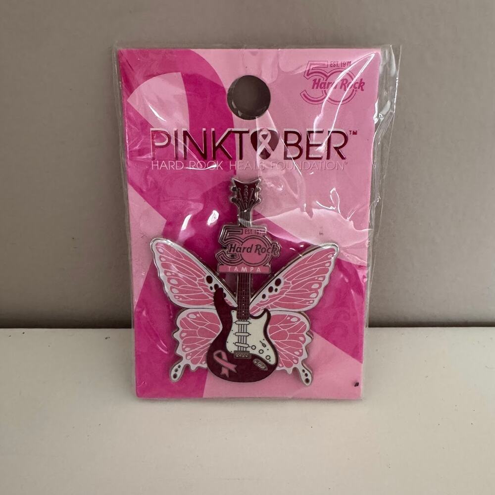Hard Rock Cafe Tampa 50th Pinktober Breast Cancer Butterfly Guitar Pin New